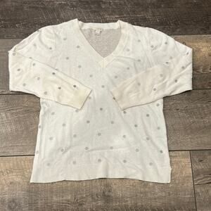 J.Crew Factory Women's Embroidered Polka Dot Sweater White Gray Size L